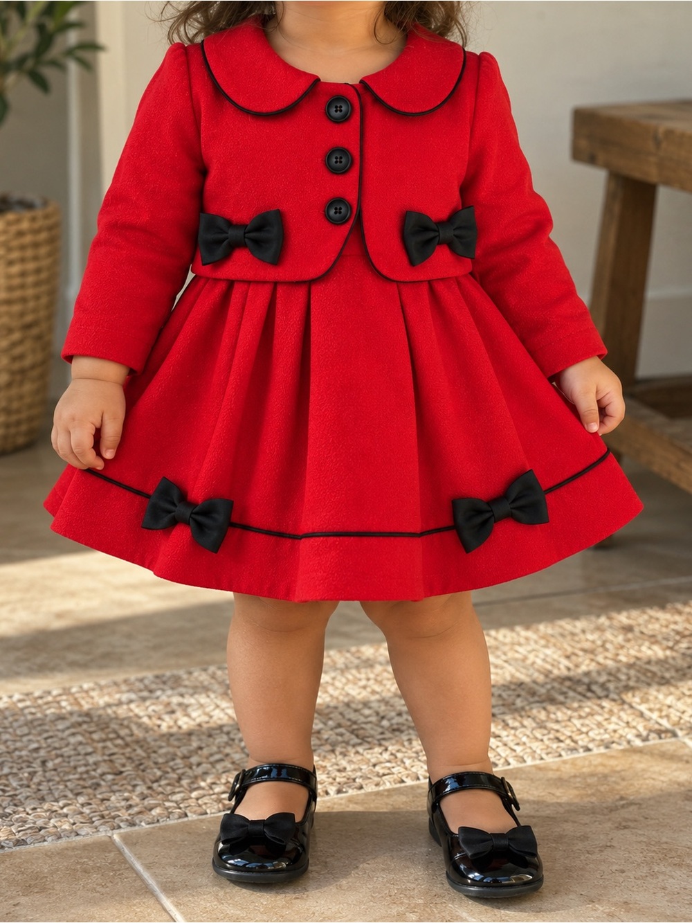 Bonnie Baby Red Dress and Coat Set with Black Bows
